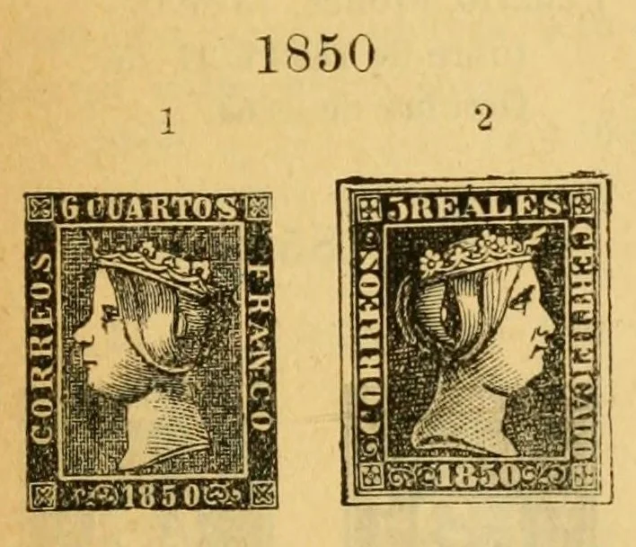 An illustration from Segunda edición del catálogo descriptivo de los sellos de correos de España y sus colonias, 1890, leaf 9