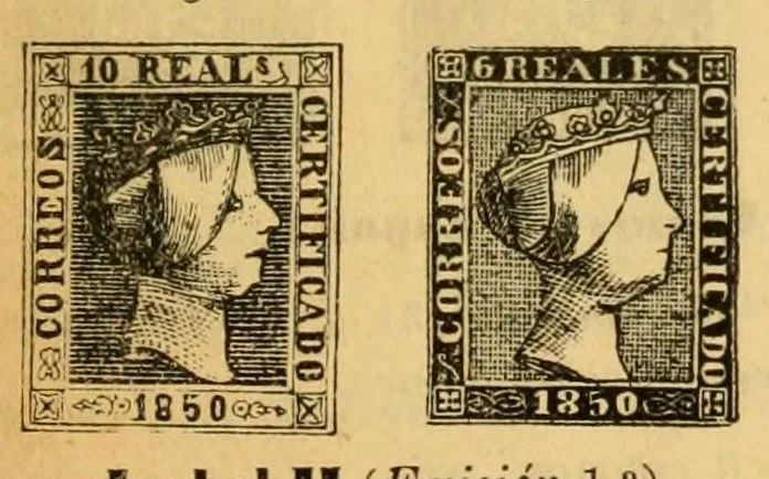 An illustration from Segunda edición del catálogo descriptivo de los sellos de correos de España y sus colonias, 1890, leaf 9