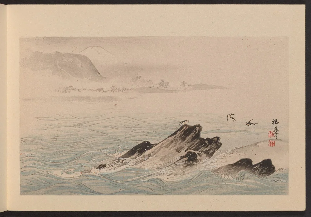 An illustration from Seihō jūni Fuji, 1894, leaf 6