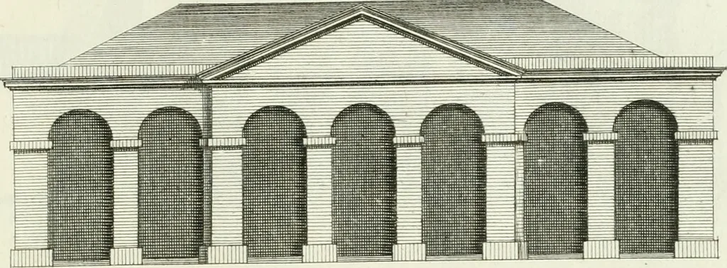 An illustration from Select architecture : being regular designs of plans and elevations well suited to both town and country : in which the magnificence and beauty, the purity and simplicity of designing, for every species of that noble art, is accurately treated, and with great variety exemplified, from the plain town-house to the stately hotel, and in the country from the genteel and convenient farm-house to the parochial church : with suitable embellishments : also bridges, baths, summer-houses, &c. ... : illustrated with fifty copper plates, quarto, 1755, leaf 100