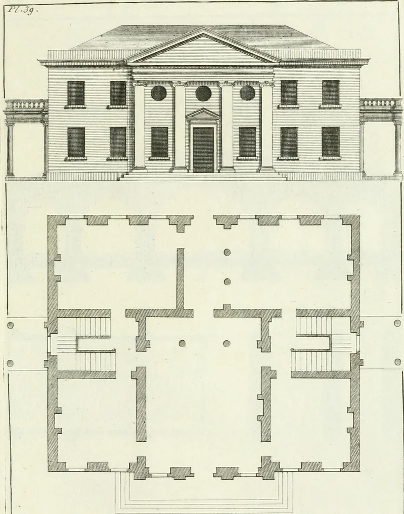 An illustration from Select architecture : being regular designs of plans and elevations well suited to both town and country : in which the magnificence and beauty, the purity and simplicity of designing, for every species of that noble art, is accurately treated, and with great variety exemplified, from the plain town-house to the stately hotel, and in the country from the genteel and convenient farm-house to the parochial church : with suitable embellishments : also bridges, baths, summer-houses, &c. ... : illustrated with fifty copper plates, quarto, 1755, leaf 102