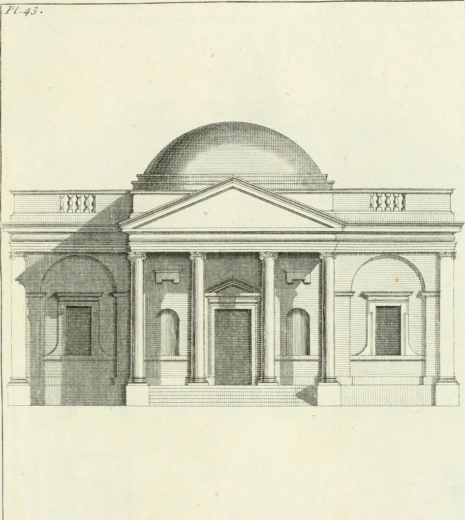 An illustration from Select architecture : being regular designs of plans and elevations well suited to both town and country : in which the magnificence and beauty, the purity and simplicity of designing, for every species of that noble art, is accurately treated, and with great variety exemplified, from the plain town-house to the stately hotel, and in the country from the genteel and convenient farm-house to the parochial church : with suitable embellishments : also bridges, baths, summer-houses, &c. ... : illustrated with fifty copper plates, quarto, 1755, leaf 110