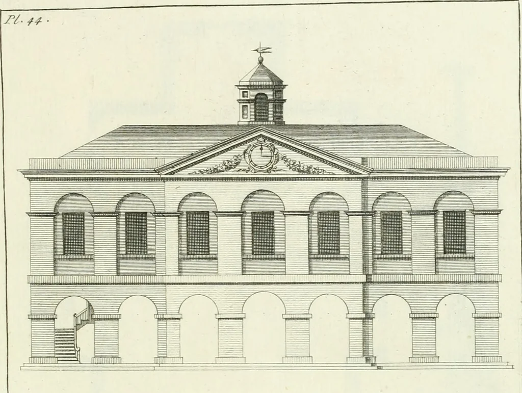 An illustration from Select architecture : being regular designs of plans and elevations well suited to both town and country : in which the magnificence and beauty, the purity and simplicity of designing, for every species of that noble art, is accurately treated, and with great variety exemplified, from the plain town-house to the stately hotel, and in the country from the genteel and convenient farm-house to the parochial church : with suitable embellishments : also bridges, baths, summer-houses, &c. ... : illustrated with fifty copper plates, quarto, 1755, leaf 112