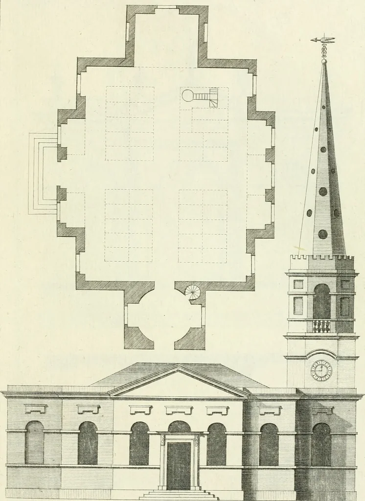 An illustration from Select architecture : being regular designs of plans and elevations well suited to both town and country : in which the magnificence and beauty, the purity and simplicity of designing, for every species of that noble art, is accurately treated, and with great variety exemplified, from the plain town-house to the stately hotel, and in the country from the genteel and convenient farm-house to the parochial church : with suitable embellishments : also bridges, baths, summer-houses, &c. ... : illustrated with fifty copper plates, quarto, 1755, leaf 114