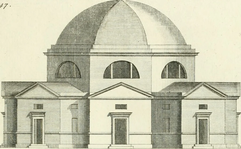 An illustration from Select architecture : being regular designs of plans and elevations well suited to both town and country : in which the magnificence and beauty, the purity and simplicity of designing, for every species of that noble art, is accurately treated, and with great variety exemplified, from the plain town-house to the stately hotel, and in the country from the genteel and convenient farm-house to the parochial church : with suitable embellishments : also bridges, baths, summer-houses, &c. ... : illustrated with fifty copper plates, quarto, 1755, leaf 118
