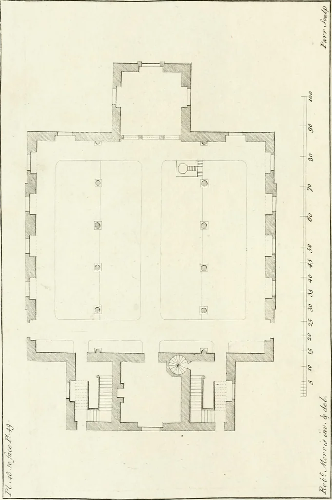 An illustration from Select architecture : being regular designs of plans and elevations well suited to both town and country : in which the magnificence and beauty, the purity and simplicity of designing, for every species of that noble art, is accurately treated, and with great variety exemplified, from the plain town-house to the stately hotel, and in the country from the genteel and convenient farm-house to the parochial church : with suitable embellishments : also bridges, baths, summer-houses, &c. ... : illustrated with fifty copper plates, quarto, 1755, leaf 121