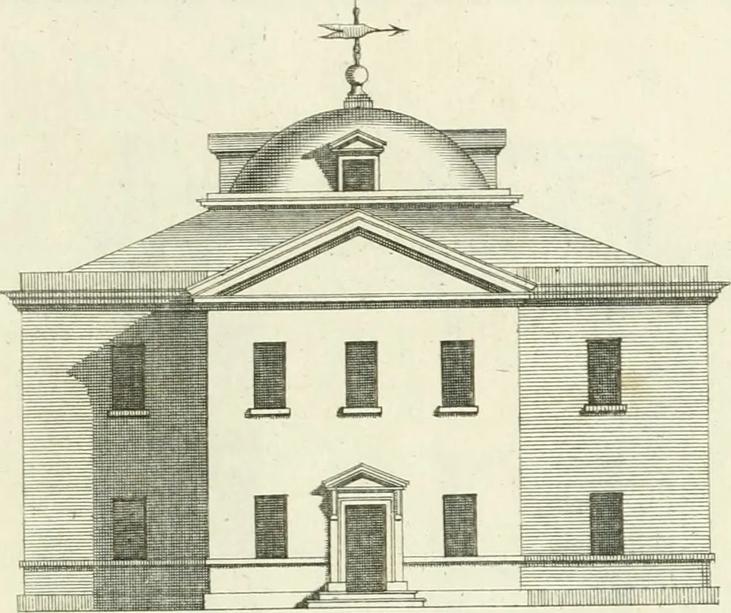 An illustration from Select architecture : being regular designs of plans and elevations well suited to both town and country : in which the magnificence and beauty, the purity and simplicity of designing, for every species of that noble art, is accurately treated, and with great variety exemplified, from the plain town-house to the stately hotel, and in the country from the genteel and convenient farm-house to the parochial church : with suitable embellishments : also bridges, baths, summer-houses, &c. ... : illustrated with fifty copper plates, quarto, 1755, leaf 28