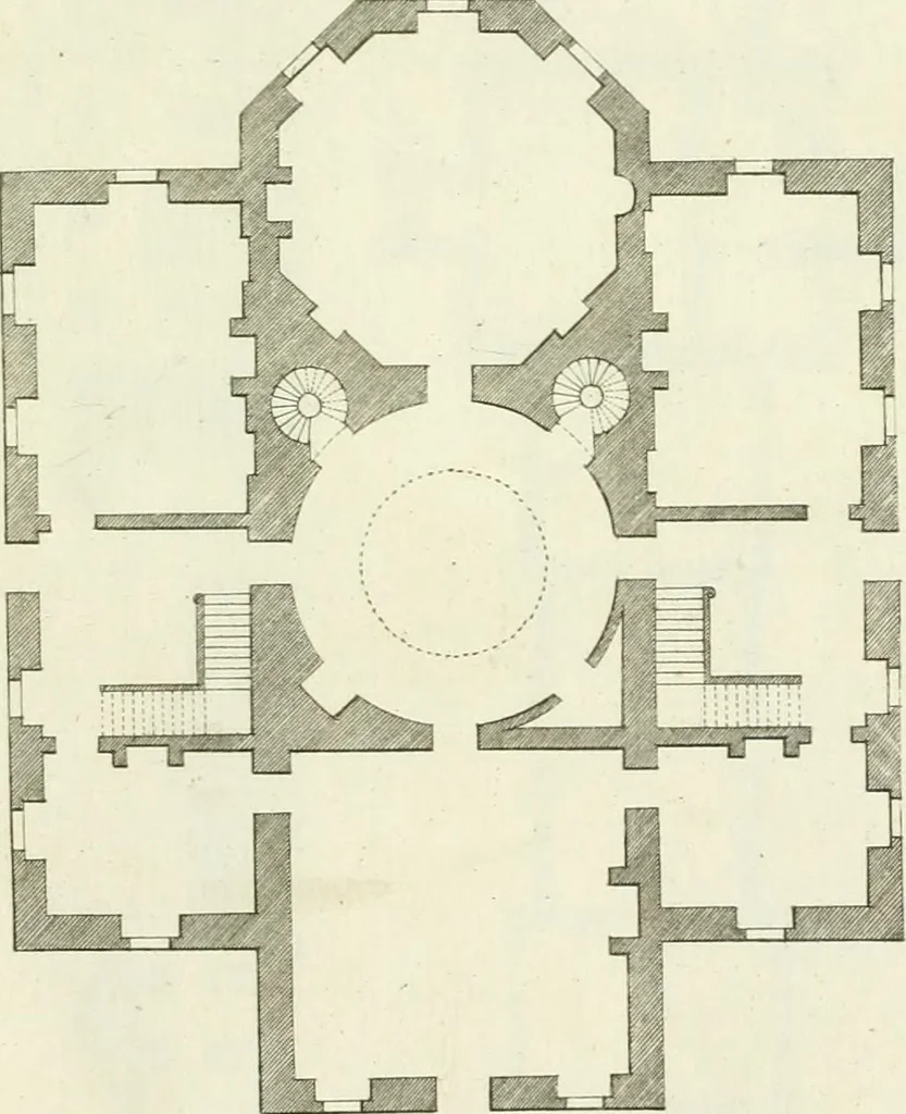 An illustration from Select architecture : being regular designs of plans and elevations well suited to both town and country : in which the magnificence and beauty, the purity and simplicity of designing, for every species of that noble art, is accurately treated, and with great variety exemplified, from the plain town-house to the stately hotel, and in the country from the genteel and convenient farm-house to the parochial church : with suitable embellishments : also bridges, baths, summer-houses, &c. ... : illustrated with fifty copper plates, quarto, 1755, leaf 28