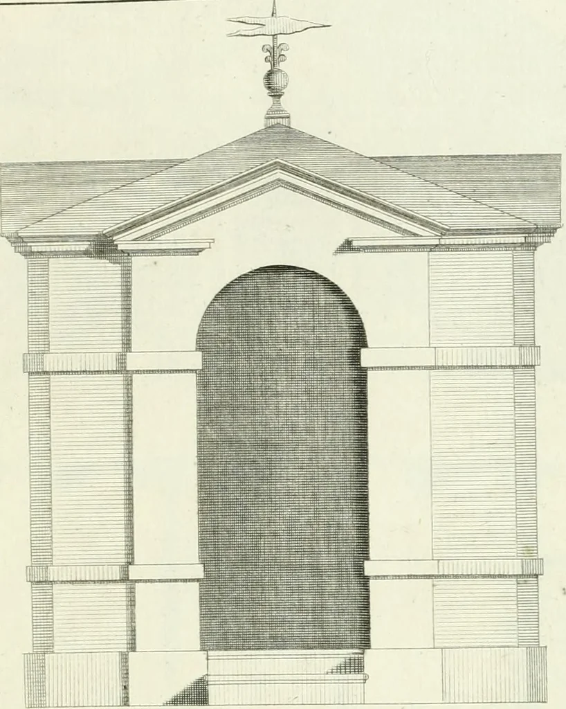 An illustration from Select architecture : being regular designs of plans and elevations well suited to both town and country : in which the magnificence and beauty, the purity and simplicity of designing, for every species of that noble art, is accurately treated, and with great variety exemplified, from the plain town-house to the stately hotel, and in the country from the genteel and convenient farm-house to the parochial church : with suitable embellishments : also bridges, baths, summer-houses, &c. ... : illustrated with fifty copper plates, quarto, 1755, leaf 32
