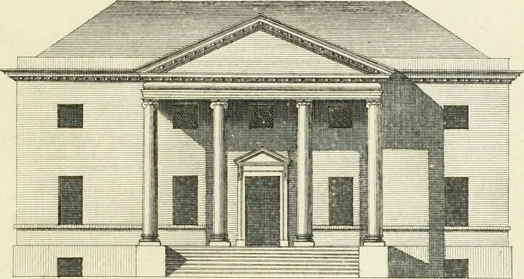 An illustration from Select architecture : being regular designs of plans and elevations well suited to both town and country : in which the magnificence and beauty, the purity and simplicity of designing, for every species of that noble art, is accurately treated, and with great variety exemplified, from the plain town-house to the stately hotel, and in the country from the genteel and convenient farm-house to the parochial church : with suitable embellishments : also bridges, baths, summer-houses, &c. ... : illustrated with fifty copper plates, quarto, 1755, leaf 34