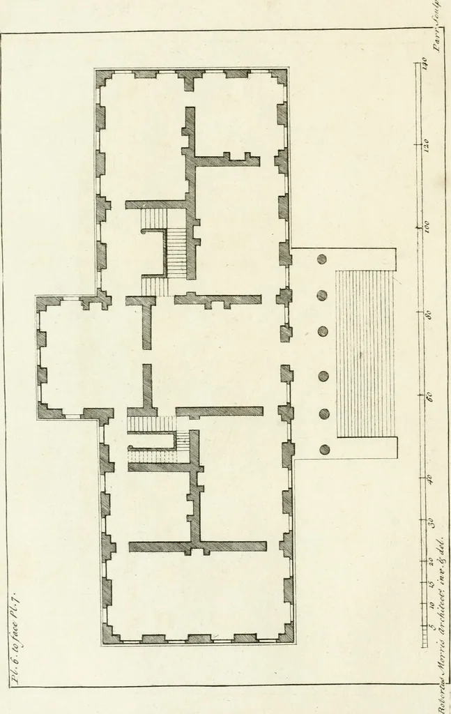 An illustration from Select architecture : being regular designs of plans and elevations well suited to both town and country : in which the magnificence and beauty, the purity and simplicity of designing, for every species of that noble art, is accurately treated, and with great variety exemplified, from the plain town-house to the stately hotel, and in the country from the genteel and convenient farm-house to the parochial church : with suitable embellishments : also bridges, baths, summer-houses, &c. ... : illustrated with fifty copper plates, quarto, 1755, leaf 37