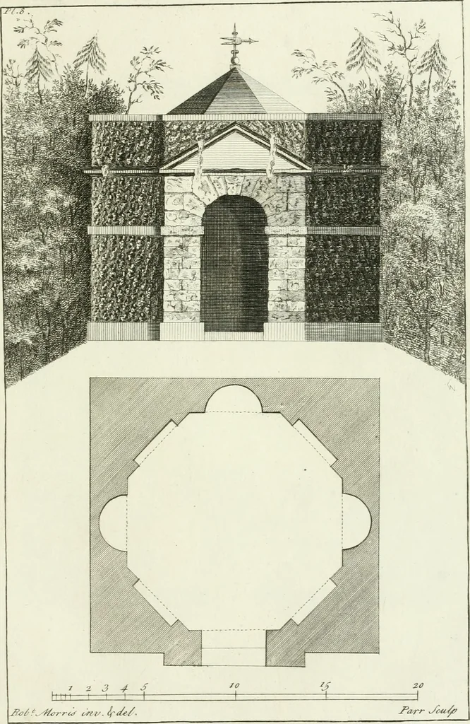 An illustration from Select architecture : being regular designs of plans and elevations well suited to both town and country : in which the magnificence and beauty, the purity and simplicity of designing, for every species of that noble art, is accurately treated, and with great variety exemplified, from the plain town-house to the stately hotel, and in the country from the genteel and convenient farm-house to the parochial church : with suitable embellishments : also bridges, baths, summer-houses, &c. ... : illustrated with fifty copper plates, quarto, 1755, leaf 40