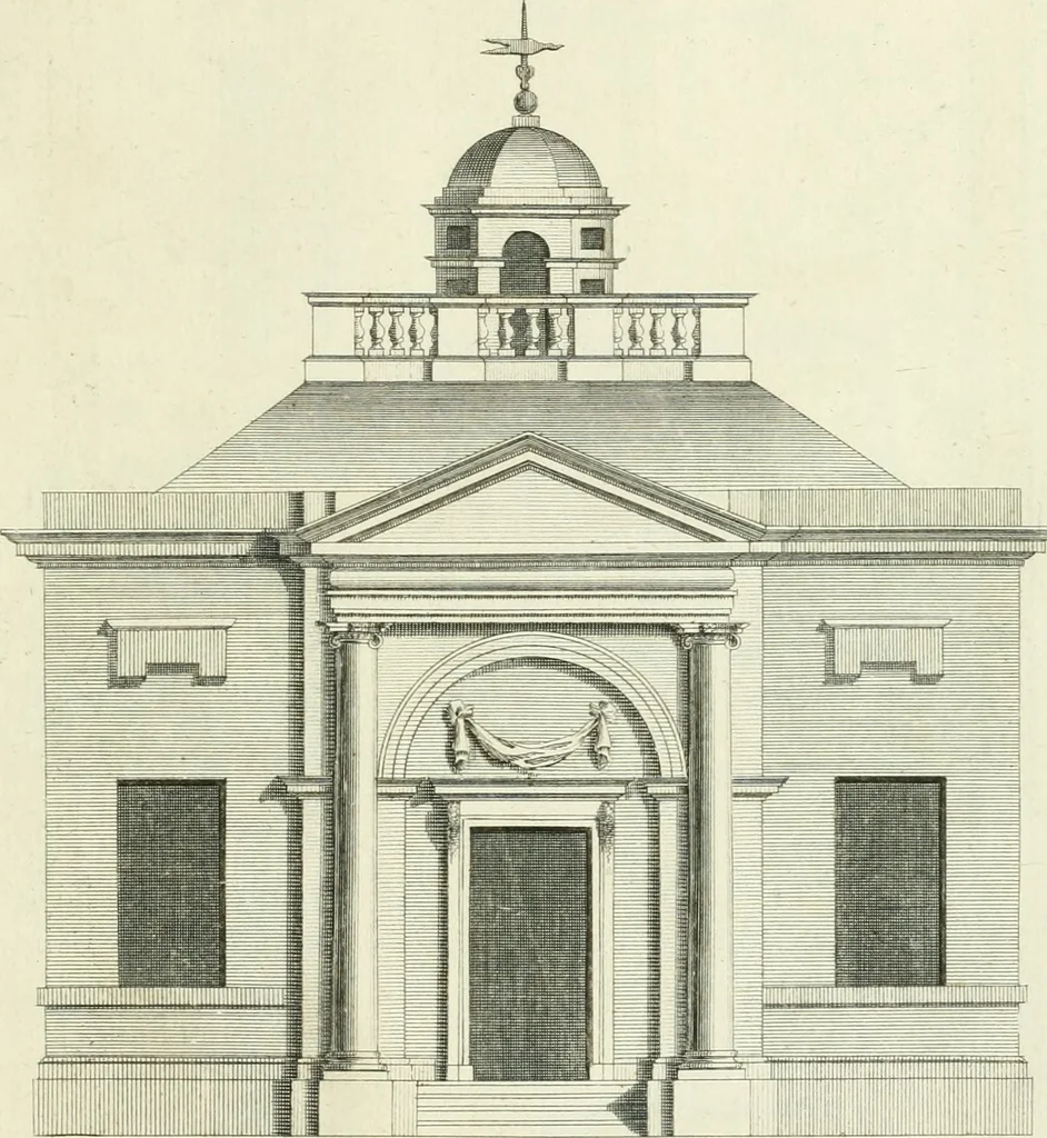 An illustration from Select architecture : being regular designs of plans and elevations well suited to both town and country : in which the magnificence and beauty, the purity and simplicity of designing, for every species of that noble art, is accurately treated, and with great variety exemplified, from the plain town-house to the stately hotel, and in the country from the genteel and convenient farm-house to the parochial church : with suitable embellishments : also bridges, baths, summer-houses, &c. ... : illustrated with fifty copper plates, quarto, 1755, leaf 44