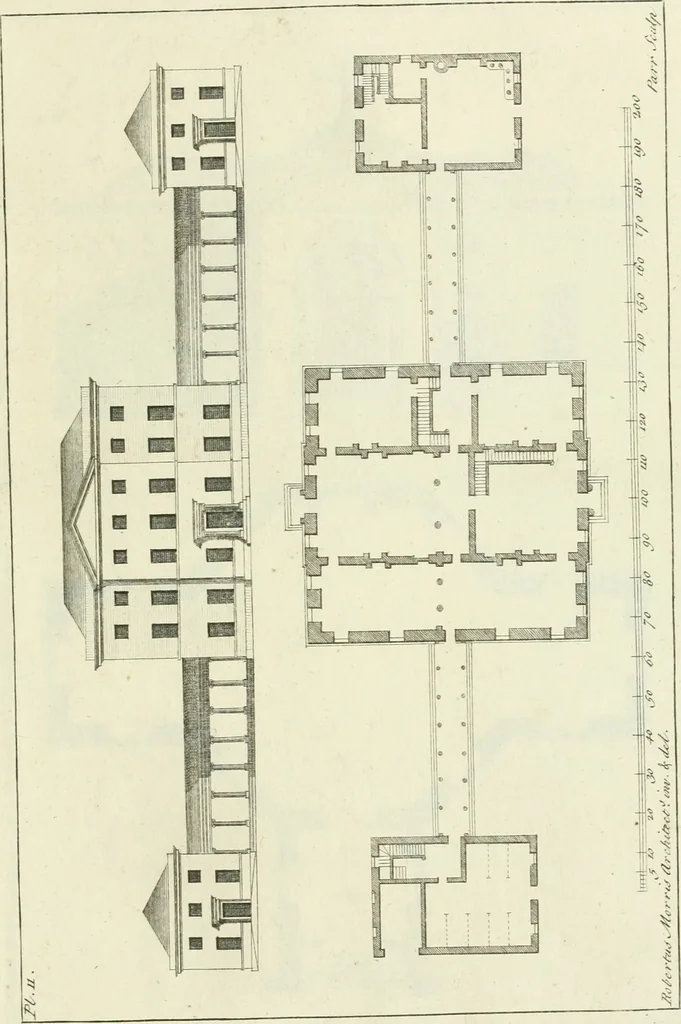 An illustration from Select architecture : being regular designs of plans and elevations well suited to both town and country : in which the magnificence and beauty, the purity and simplicity of designing, for every species of that noble art, is accurately treated, and with great variety exemplified, from the plain town-house to the stately hotel, and in the country from the genteel and convenient farm-house to the parochial church : with suitable embellishments : also bridges, baths, summer-houses, &c. ... : illustrated with fifty copper plates, quarto, 1755, leaf 46