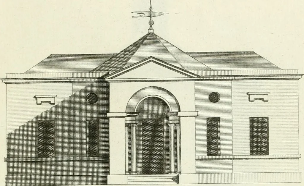 An illustration from Select architecture : being regular designs of plans and elevations well suited to both town and country : in which the magnificence and beauty, the purity and simplicity of designing, for every species of that noble art, is accurately treated, and with great variety exemplified, from the plain town-house to the stately hotel, and in the country from the genteel and convenient farm-house to the parochial church : with suitable embellishments : also bridges, baths, summer-houses, &c. ... : illustrated with fifty copper plates, quarto, 1755, leaf 48