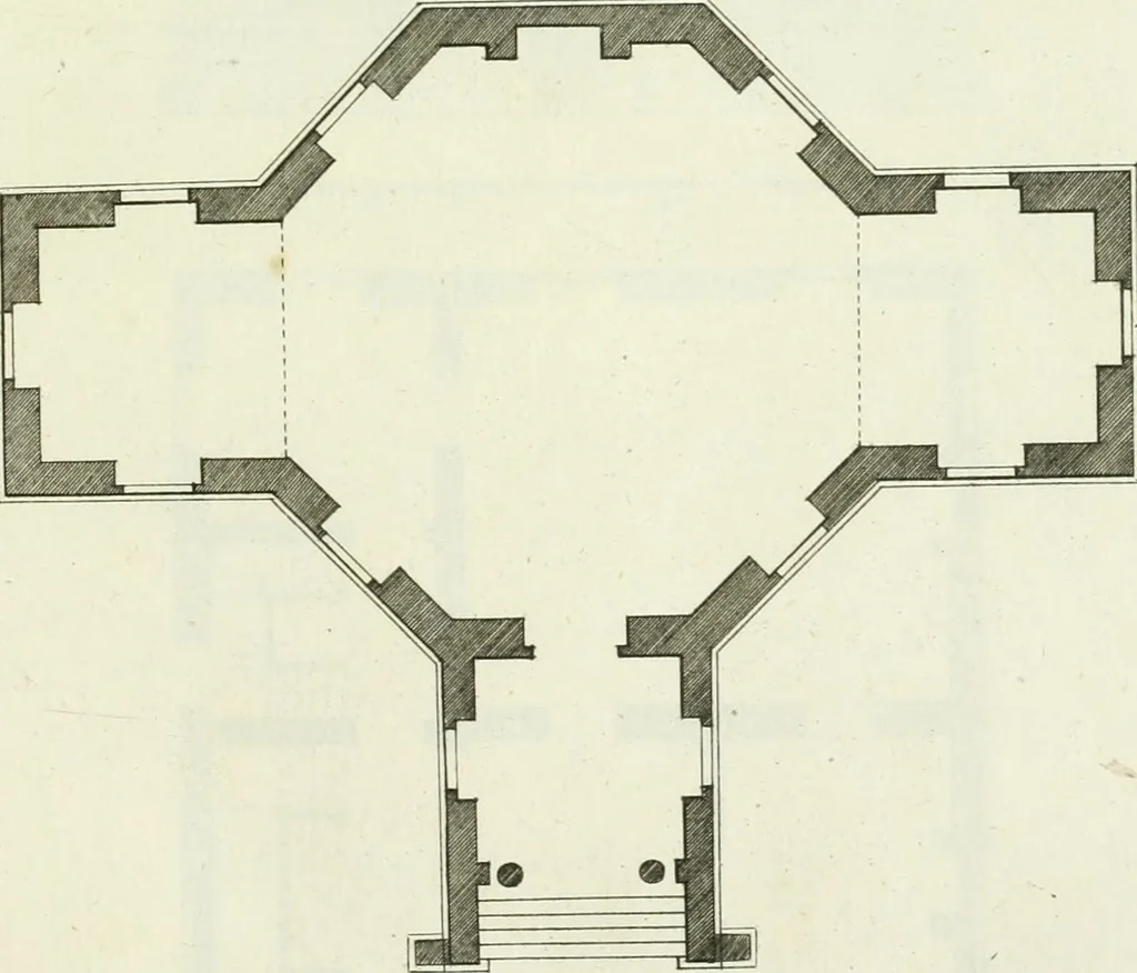 An illustration from Select architecture : being regular designs of plans and elevations well suited to both town and country : in which the magnificence and beauty, the purity and simplicity of designing, for every species of that noble art, is accurately treated, and with great variety exemplified, from the plain town-house to the stately hotel, and in the country from the genteel and convenient farm-house to the parochial church : with suitable embellishments : also bridges, baths, summer-houses, &c. ... : illustrated with fifty copper plates, quarto, 1755, leaf 48