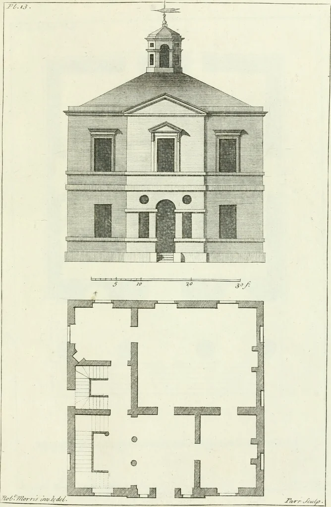 An illustration from Select architecture : being regular designs of plans and elevations well suited to both town and country : in which the magnificence and beauty, the purity and simplicity of designing, for every species of that noble art, is accurately treated, and with great variety exemplified, from the plain town-house to the stately hotel, and in the country from the genteel and convenient farm-house to the parochial church : with suitable embellishments : also bridges, baths, summer-houses, &c. ... : illustrated with fifty copper plates, quarto, 1755, leaf 50