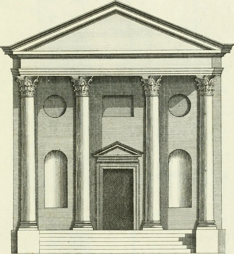 An illustration from Select architecture : being regular designs of plans and elevations well suited to both town and country : in which the magnificence and beauty, the purity and simplicity of designing, for every species of that noble art, is accurately treated, and with great variety exemplified, from the plain town-house to the stately hotel, and in the country from the genteel and convenient farm-house to the parochial church : with suitable embellishments : also bridges, baths, summer-houses, &c. ... : illustrated with fifty copper plates, quarto, 1755, leaf 54