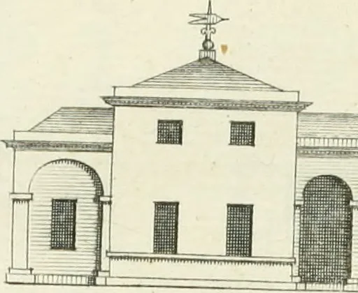 An illustration from Select architecture : being regular designs of plans and elevations well suited to both town and country : in which the magnificence and beauty, the purity and simplicity of designing, for every species of that noble art, is accurately treated, and with great variety exemplified, from the plain town-house to the stately hotel, and in the country from the genteel and convenient farm-house to the parochial church : with suitable embellishments : also bridges, baths, summer-houses, &c. ... : illustrated with fifty copper plates, quarto, 1755, leaf 56