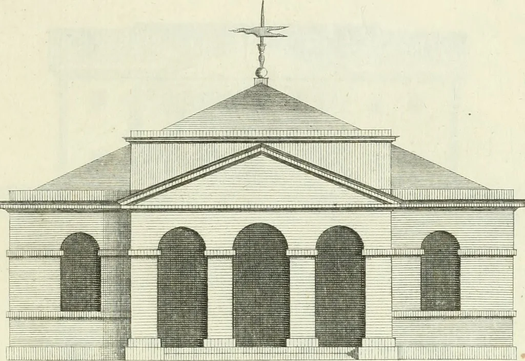 An illustration from Select architecture : being regular designs of plans and elevations well suited to both town and country : in which the magnificence and beauty, the purity and simplicity of designing, for every species of that noble art, is accurately treated, and with great variety exemplified, from the plain town-house to the stately hotel, and in the country from the genteel and convenient farm-house to the parochial church : with suitable embellishments : also bridges, baths, summer-houses, &c. ... : illustrated with fifty copper plates, quarto, 1755, leaf 58