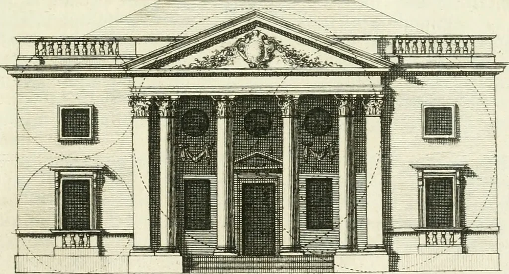 An illustration from Select architecture : being regular designs of plans and elevations well suited to both town and country : in which the magnificence and beauty, the purity and simplicity of designing, for every species of that noble art, is accurately treated, and with great variety exemplified, from the plain town-house to the stately hotel, and in the country from the genteel and convenient farm-house to the parochial church : with suitable embellishments : also bridges, baths, summer-houses, &c. ... : illustrated with fifty copper plates, quarto, 1755, leaf 6