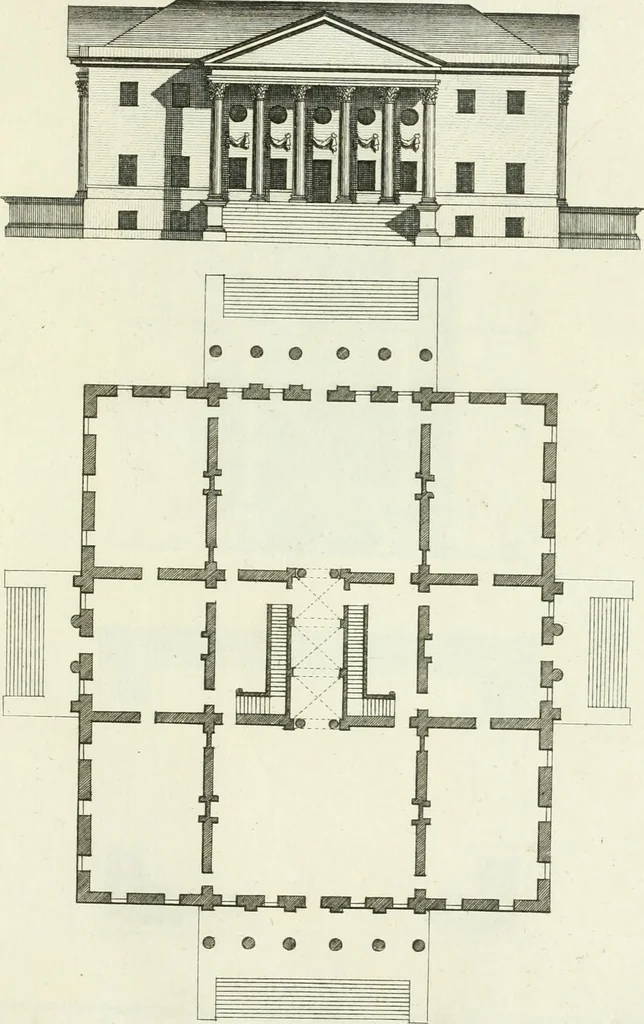 An illustration from Select architecture : being regular designs of plans and elevations well suited to both town and country : in which the magnificence and beauty, the purity and simplicity of designing, for every species of that noble art, is accurately treated, and with great variety exemplified, from the plain town-house to the stately hotel, and in the country from the genteel and convenient farm-house to the parochial church : with suitable embellishments : also bridges, baths, summer-houses, &c. ... : illustrated with fifty copper plates, quarto, 1755, leaf 60