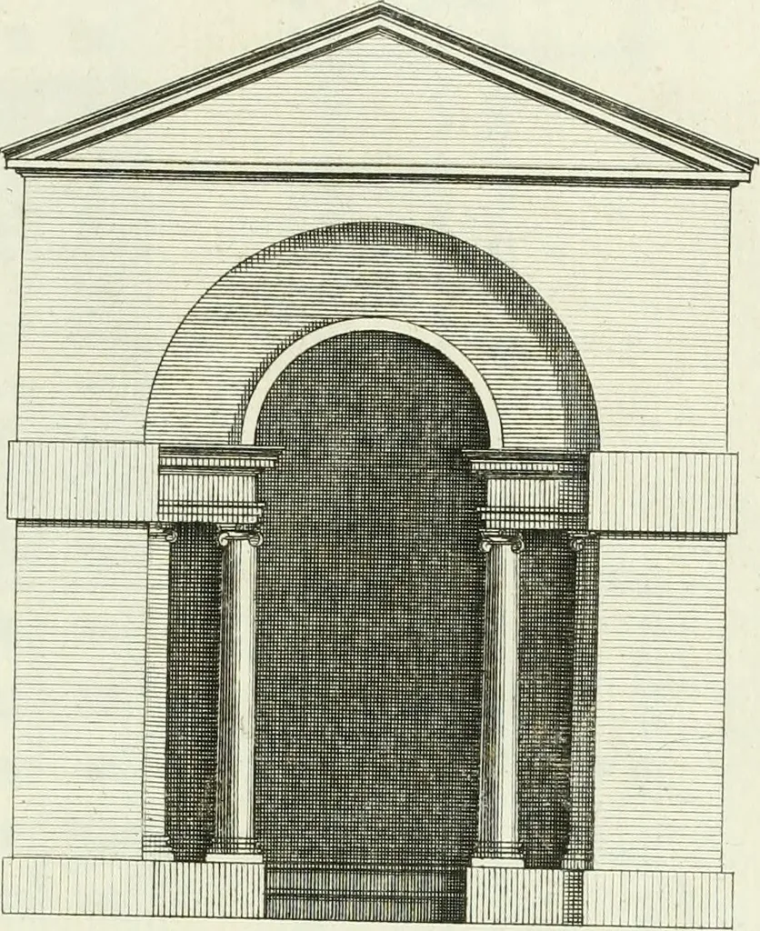 An illustration from Select architecture : being regular designs of plans and elevations well suited to both town and country : in which the magnificence and beauty, the purity and simplicity of designing, for every species of that noble art, is accurately treated, and with great variety exemplified, from the plain town-house to the stately hotel, and in the country from the genteel and convenient farm-house to the parochial church : with suitable embellishments : also bridges, baths, summer-houses, &c. ... : illustrated with fifty copper plates, quarto, 1755, leaf 62