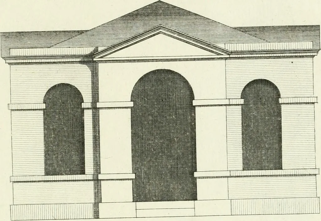 An illustration from Select architecture : being regular designs of plans and elevations well suited to both town and country : in which the magnificence and beauty, the purity and simplicity of designing, for every species of that noble art, is accurately treated, and with great variety exemplified, from the plain town-house to the stately hotel, and in the country from the genteel and convenient farm-house to the parochial church : with suitable embellishments : also bridges, baths, summer-houses, &c. ... : illustrated with fifty copper plates, quarto, 1755, leaf 66