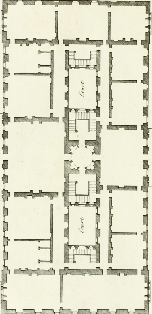 An illustration from Select architecture : being regular designs of plans and elevations well suited to both town and country : in which the magnificence and beauty, the purity and simplicity of designing, for every species of that noble art, is accurately treated, and with great variety exemplified, from the plain town-house to the stately hotel, and in the country from the genteel and convenient farm-house to the parochial church : with suitable embellishments : also bridges, baths, summer-houses, &c. ... : illustrated with fifty copper plates, quarto, 1755, leaf 69
