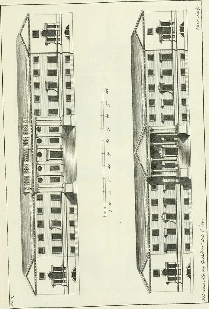 An illustration from Select architecture : being regular designs of plans and elevations well suited to both town and country : in which the magnificence and beauty, the purity and simplicity of designing, for every species of that noble art, is accurately treated, and with great variety exemplified, from the plain town-house to the stately hotel, and in the country from the genteel and convenient farm-house to the parochial church : with suitable embellishments : also bridges, baths, summer-houses, &c. ... : illustrated with fifty copper plates, quarto, 1755, leaf 70