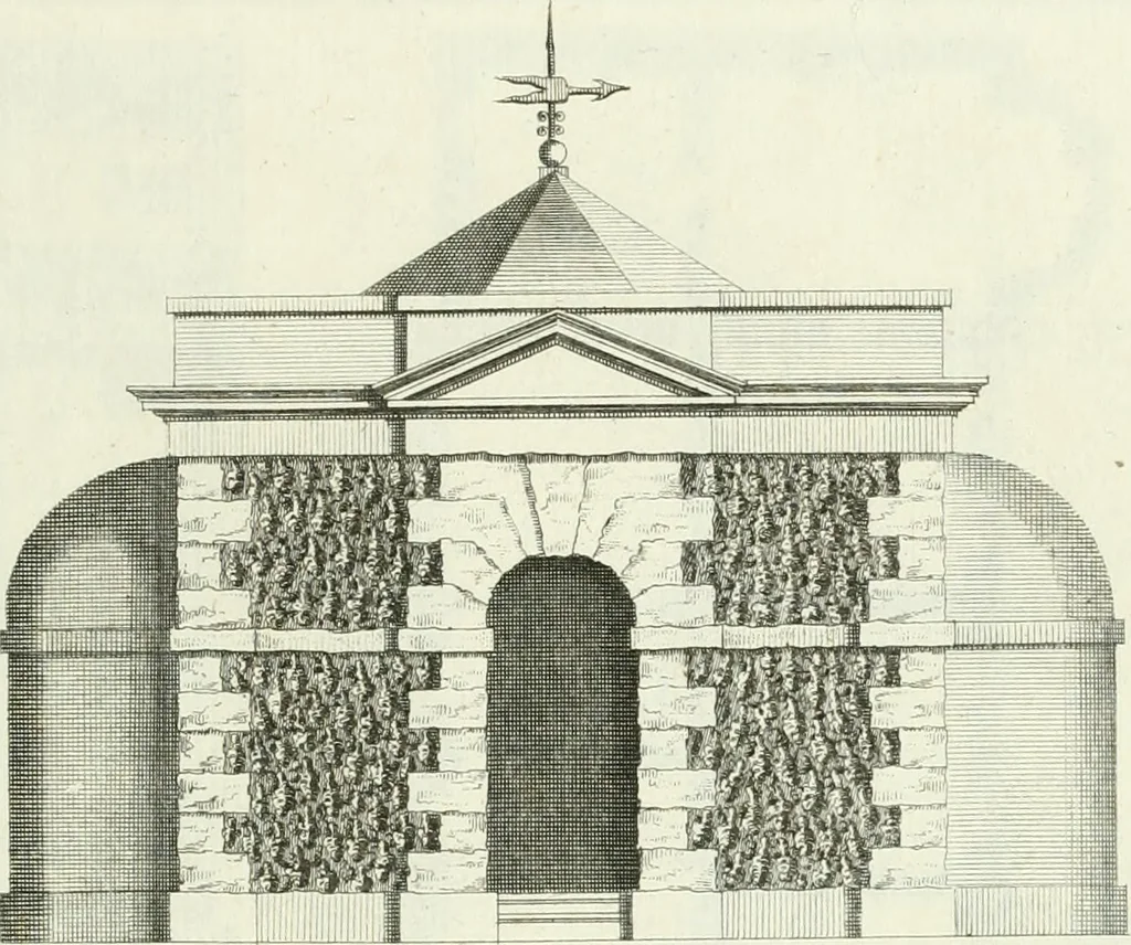 An illustration from Select architecture : being regular designs of plans and elevations well suited to both town and country : in which the magnificence and beauty, the purity and simplicity of designing, for every species of that noble art, is accurately treated, and with great variety exemplified, from the plain town-house to the stately hotel, and in the country from the genteel and convenient farm-house to the parochial church : with suitable embellishments : also bridges, baths, summer-houses, &c. ... : illustrated with fifty copper plates, quarto, 1755, leaf 72