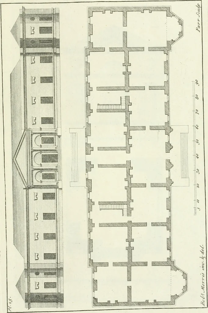 An illustration from Select architecture : being regular designs of plans and elevations well suited to both town and country : in which the magnificence and beauty, the purity and simplicity of designing, for every species of that noble art, is accurately treated, and with great variety exemplified, from the plain town-house to the stately hotel, and in the country from the genteel and convenient farm-house to the parochial church : with suitable embellishments : also bridges, baths, summer-houses, &c. ... : illustrated with fifty copper plates, quarto, 1755, leaf 74