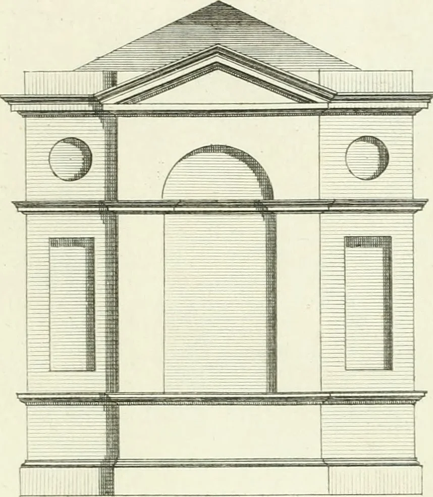 An illustration from Select architecture : being regular designs of plans and elevations well suited to both town and country : in which the magnificence and beauty, the purity and simplicity of designing, for every species of that noble art, is accurately treated, and with great variety exemplified, from the plain town-house to the stately hotel, and in the country from the genteel and convenient farm-house to the parochial church : with suitable embellishments : also bridges, baths, summer-houses, &c. ... : illustrated with fifty copper plates, quarto, 1755, leaf 76