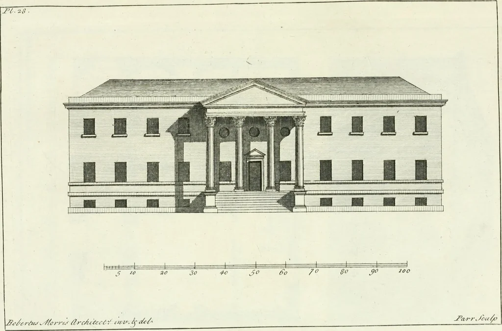 An illustration from Select architecture : being regular designs of plans and elevations well suited to both town and country : in which the magnificence and beauty, the purity and simplicity of designing, for every species of that noble art, is accurately treated, and with great variety exemplified, from the plain town-house to the stately hotel, and in the country from the genteel and convenient farm-house to the parochial church : with suitable embellishments : also bridges, baths, summer-houses, &c. ... : illustrated with fifty copper plates, quarto, 1755, leaf 80