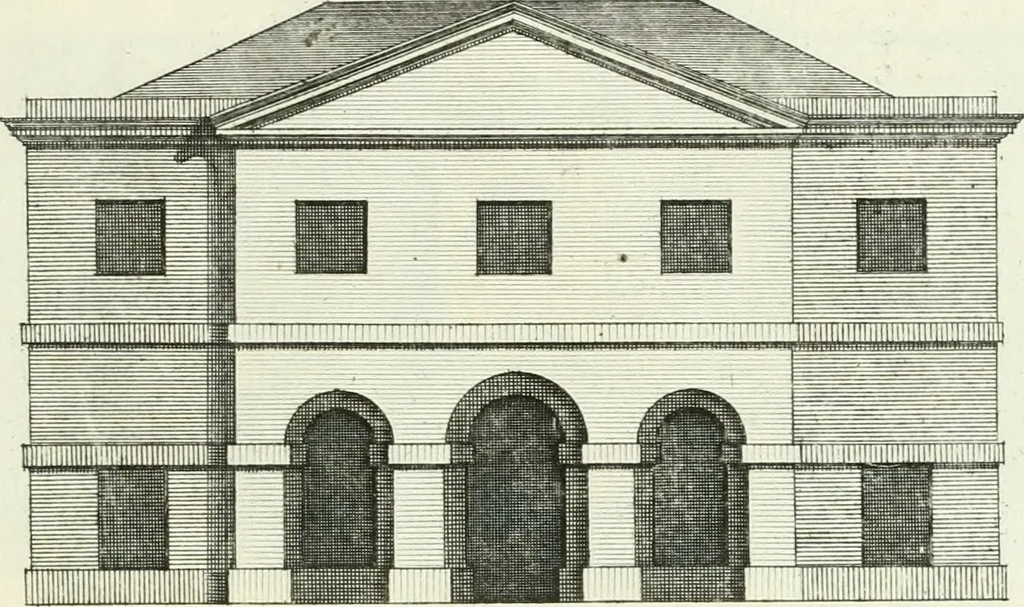 An illustration from Select architecture : being regular designs of plans and elevations well suited to both town and country : in which the magnificence and beauty, the purity and simplicity of designing, for every species of that noble art, is accurately treated, and with great variety exemplified, from the plain town-house to the stately hotel, and in the country from the genteel and convenient farm-house to the parochial church : with suitable embellishments : also bridges, baths, summer-houses, &c. ... : illustrated with fifty copper plates, quarto, 1755, leaf 82