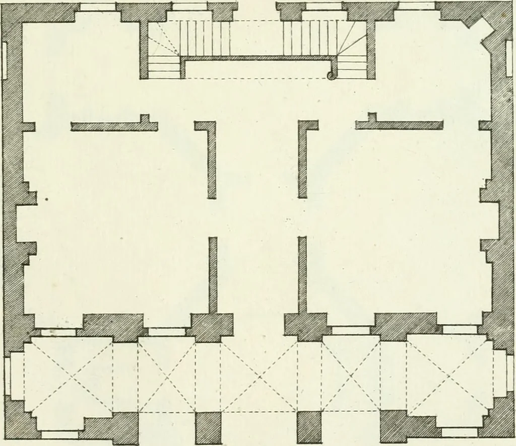 An illustration from Select architecture : being regular designs of plans and elevations well suited to both town and country : in which the magnificence and beauty, the purity and simplicity of designing, for every species of that noble art, is accurately treated, and with great variety exemplified, from the plain town-house to the stately hotel, and in the country from the genteel and convenient farm-house to the parochial church : with suitable embellishments : also bridges, baths, summer-houses, &c. ... : illustrated with fifty copper plates, quarto, 1755, leaf 82