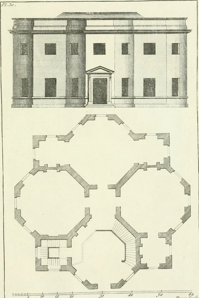 An illustration from Select architecture : being regular designs of plans and elevations well suited to both town and country : in which the magnificence and beauty, the purity and simplicity of designing, for every species of that noble art, is accurately treated, and with great variety exemplified, from the plain town-house to the stately hotel, and in the country from the genteel and convenient farm-house to the parochial church : with suitable embellishments : also bridges, baths, summer-houses, &c. ... : illustrated with fifty copper plates, quarto, 1755, leaf 84
