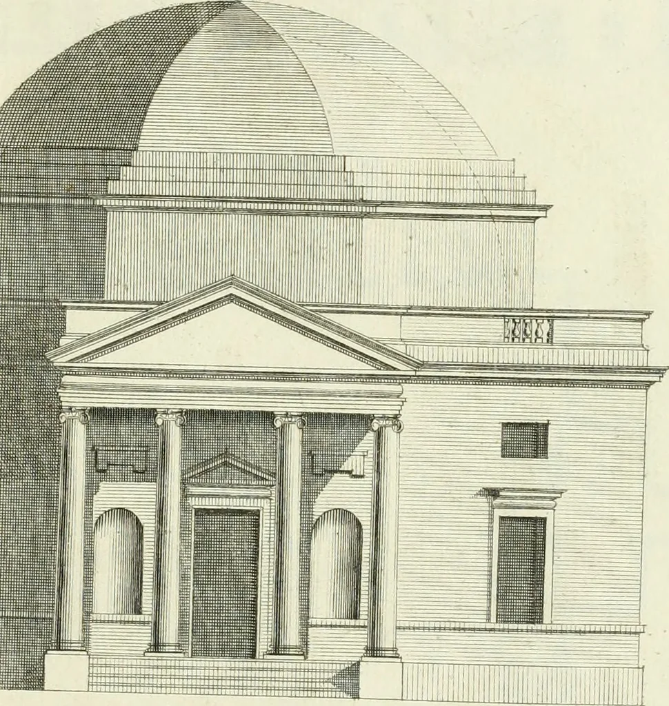 An illustration from Select architecture : being regular designs of plans and elevations well suited to both town and country : in which the magnificence and beauty, the purity and simplicity of designing, for every species of that noble art, is accurately treated, and with great variety exemplified, from the plain town-house to the stately hotel, and in the country from the genteel and convenient farm-house to the parochial church : with suitable embellishments : also bridges, baths, summer-houses, &c. ... : illustrated with fifty copper plates, quarto, 1755, leaf 88