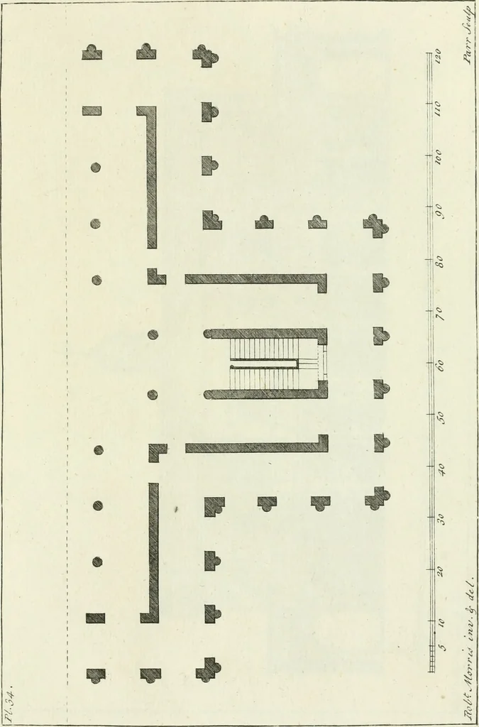 An illustration from Select architecture : being regular designs of plans and elevations well suited to both town and country : in which the magnificence and beauty, the purity and simplicity of designing, for every species of that noble art, is accurately treated, and with great variety exemplified, from the plain town-house to the stately hotel, and in the country from the genteel and convenient farm-house to the parochial church : with suitable embellishments : also bridges, baths, summer-houses, &c. ... : illustrated with fifty copper plates, quarto, 1755, leaf 92