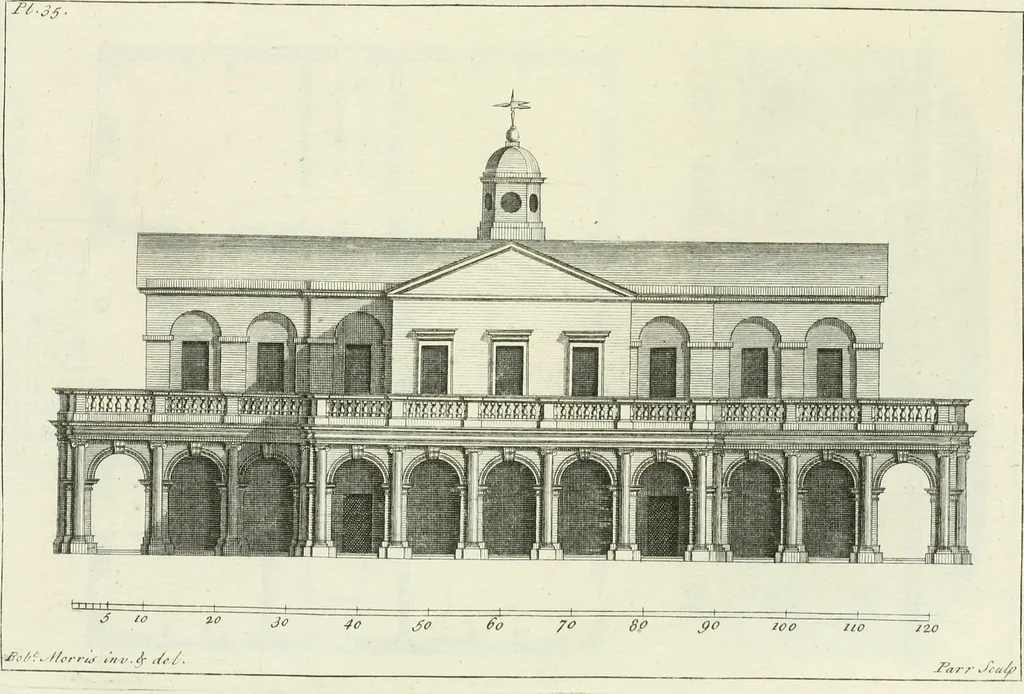 An illustration from Select architecture : being regular designs of plans and elevations well suited to both town and country : in which the magnificence and beauty, the purity and simplicity of designing, for every species of that noble art, is accurately treated, and with great variety exemplified, from the plain town-house to the stately hotel, and in the country from the genteel and convenient farm-house to the parochial church : with suitable embellishments : also bridges, baths, summer-houses, &c. ... : illustrated with fifty copper plates, quarto, 1755, leaf 94