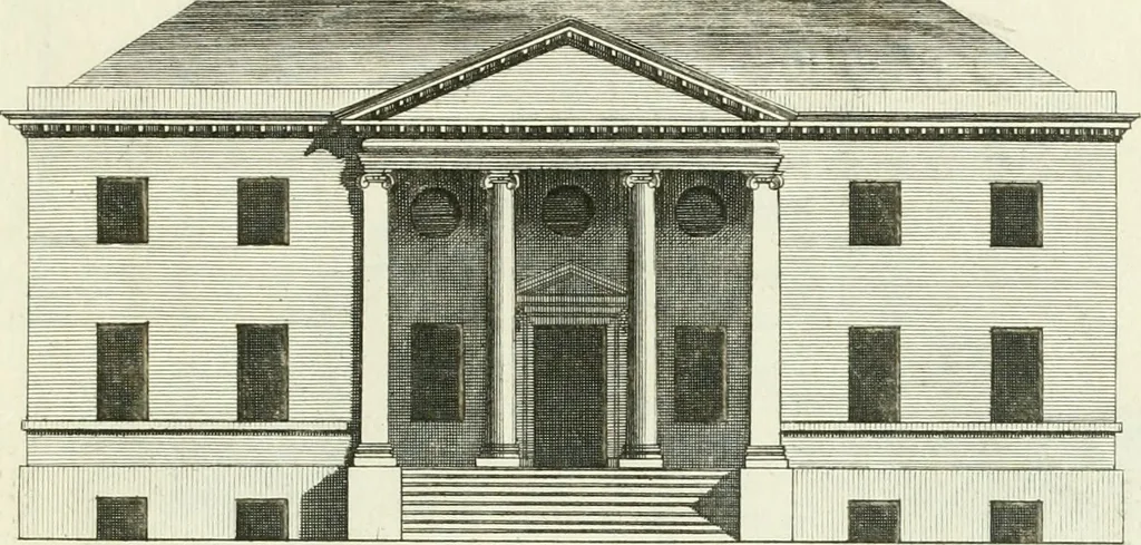 An illustration from Select architecture : being regular designs of plans and elevations well suited to both town and country : in which the magnificence and beauty, the purity and simplicity of designing, for every species of that noble art, is accurately treated, and with great variety exemplified, from the plain town-house to the stately hotel, and in the country from the genteel and convenient farm-house to the parochial church : with suitable embellishments : also bridges, baths, summer-houses, &c. ... : illustrated with fifty copper plates, quarto, 1755, leaf 96