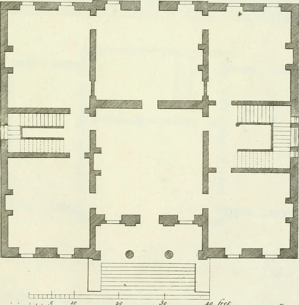 An illustration from Select architecture : being regular designs of plans and elevations well suited to both town and country : in which the magnificence and beauty, the purity and simplicity of designing, for every species of that noble art, is accurately treated, and with great variety exemplified, from the plain town-house to the stately hotel, and in the country from the genteel and convenient farm-house to the parochial church : with suitable embellishments : also bridges, baths, summer-houses, &c. ... : illustrated with fifty copper plates, quarto, 1755, leaf 96