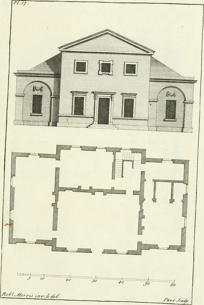 An illustration from Select architecture : being regular designs of plans and elevations well suited to both town and country : in which the magnificence and beauty, the purity and simplicity of designing, for every species of that noble art, is accurately treated, and with great variety exemplified, from the plain town-house to the stately hotel, and in the country from the genteel and convenient farm-house to the parochial church : with suitable embellishments : also bridges, baths, summer-houses, &c. ... : illustrated with fifty copper plates, quarto, 1755, leaf 98