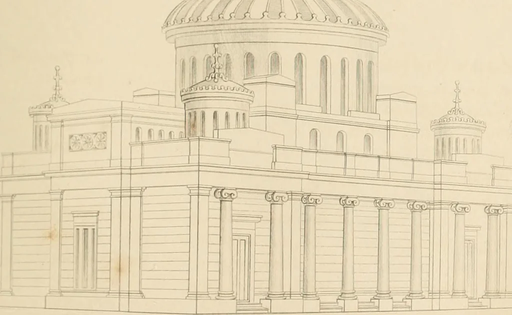 An illustration from Select designs for public buildings; consisting of plans, elevations, perspective views, sections, and details, of churches, chapels, schools, alms-houses, gas-works, markets, and other buildings erected for public purposes, 1842, leaf 104