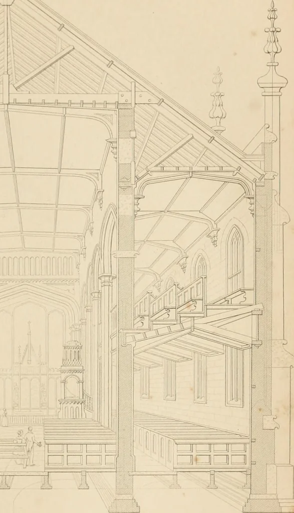 An illustration from Select designs for public buildings; consisting of plans, elevations, perspective views, sections, and details, of churches, chapels, schools, alms-houses, gas-works, markets, and other buildings erected for public purposes, 1842, leaf 122