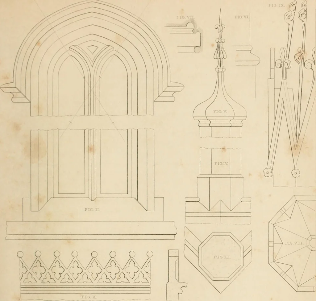 An illustration from Select designs for public buildings; consisting of plans, elevations, perspective views, sections, and details, of churches, chapels, schools, alms-houses, gas-works, markets, and other buildings erected for public purposes, 1842, leaf 128