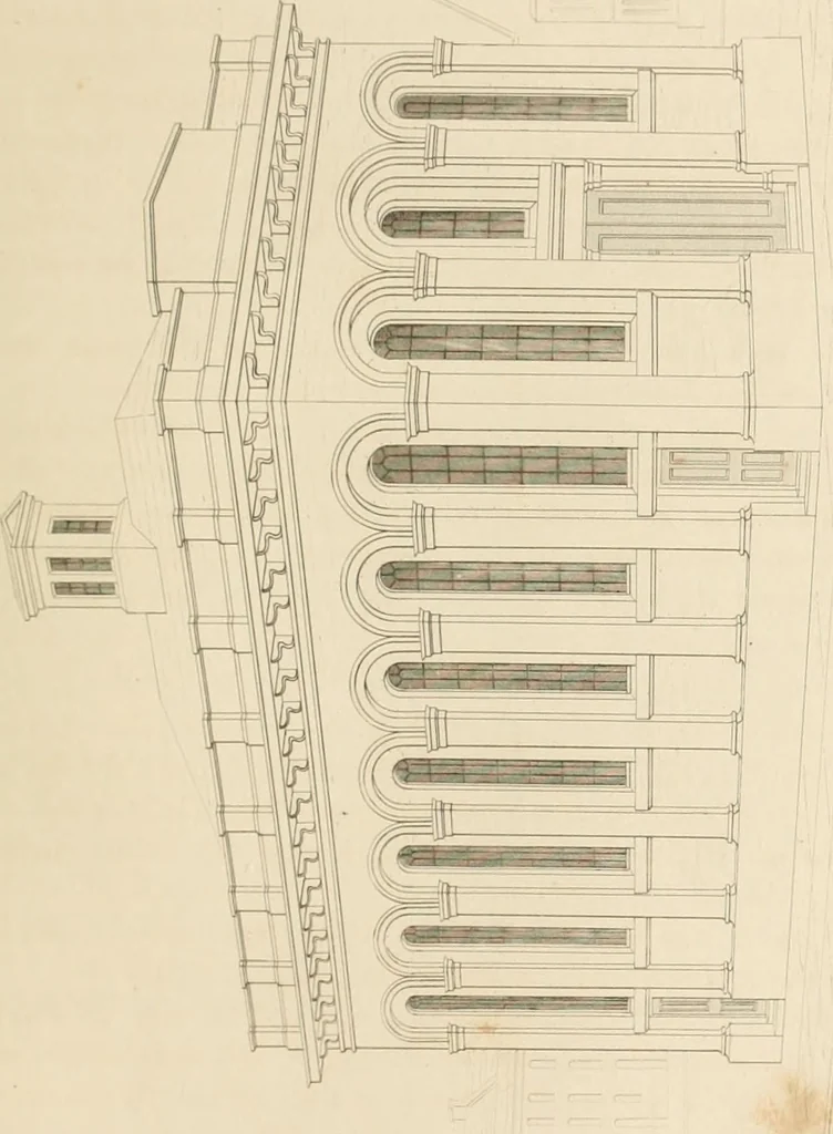 An illustration from Select designs for public buildings; consisting of plans, elevations, perspective views, sections, and details, of churches, chapels, schools, alms-houses, gas-works, markets, and other buildings erected for public purposes, 1842, leaf 134