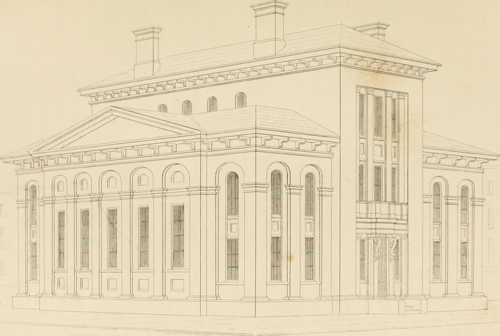 An illustration from Select designs for public buildings; consisting of plans, elevations, perspective views, sections, and details, of churches, chapels, schools, alms-houses, gas-works, markets, and other buildings erected for public purposes, 1842, leaf 154