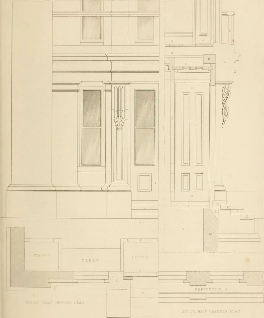 An illustration from Select designs for public buildings; consisting of plans, elevations, perspective views, sections, and details, of churches, chapels, schools, alms-houses, gas-works, markets, and other buildings erected for public purposes, 1842, leaf 158