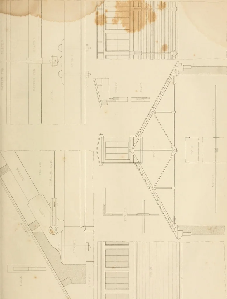 An illustration from Select designs for public buildings; consisting of plans, elevations, perspective views, sections, and details, of churches, chapels, schools, alms-houses, gas-works, markets, and other buildings erected for public purposes, 1842, leaf 18